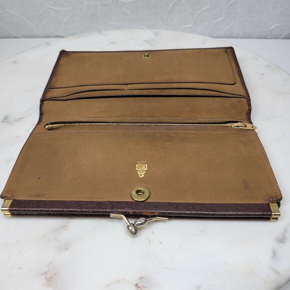 Vintage Mark Cross Checkbook Wallet 7" Brown Kiss Lock Bifold Soft Leather Italy - Picture 16 of 16